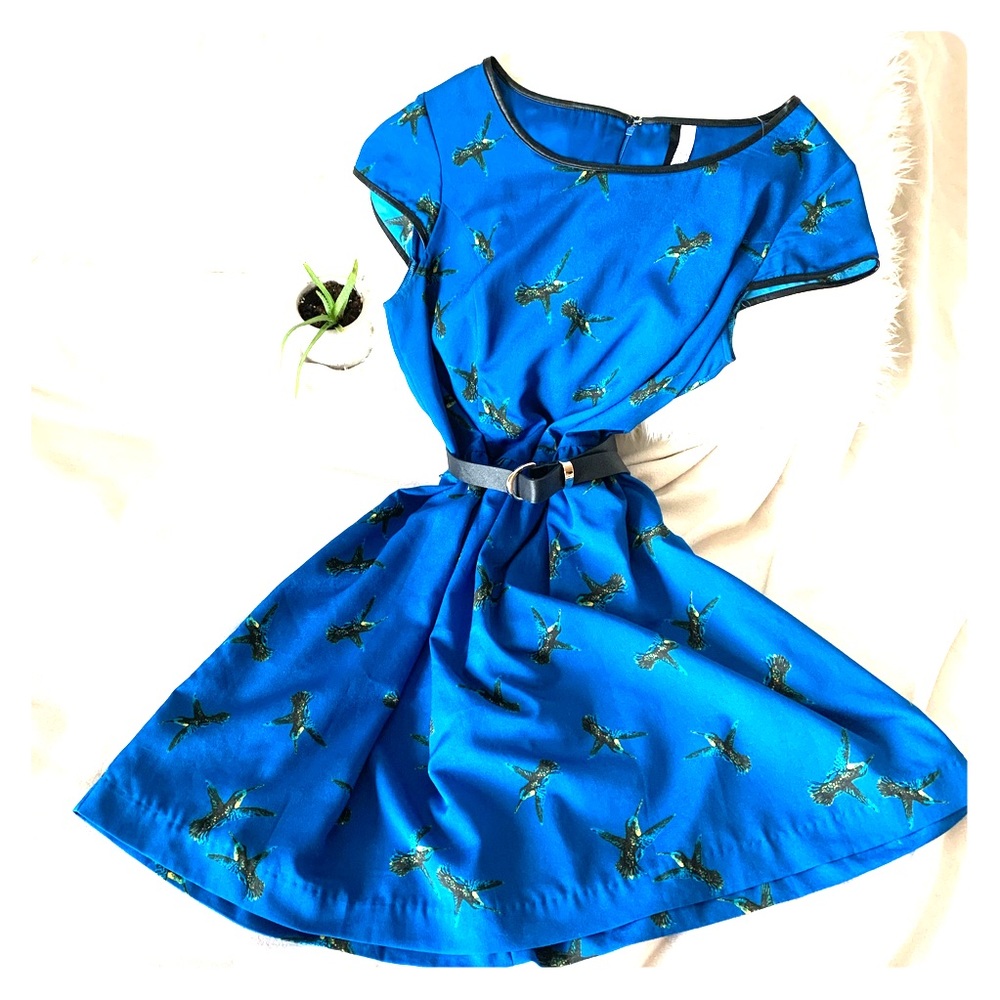 Kensie Blue with Sparrow Print Skater Dress